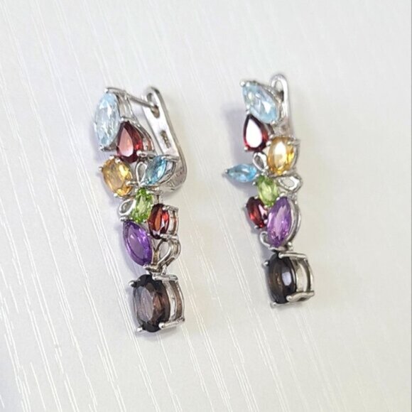 Vintage Boho Sterling Silver Colourful Rainbow Crystal Flower Drop Long Earrings - Picture 3 of 10